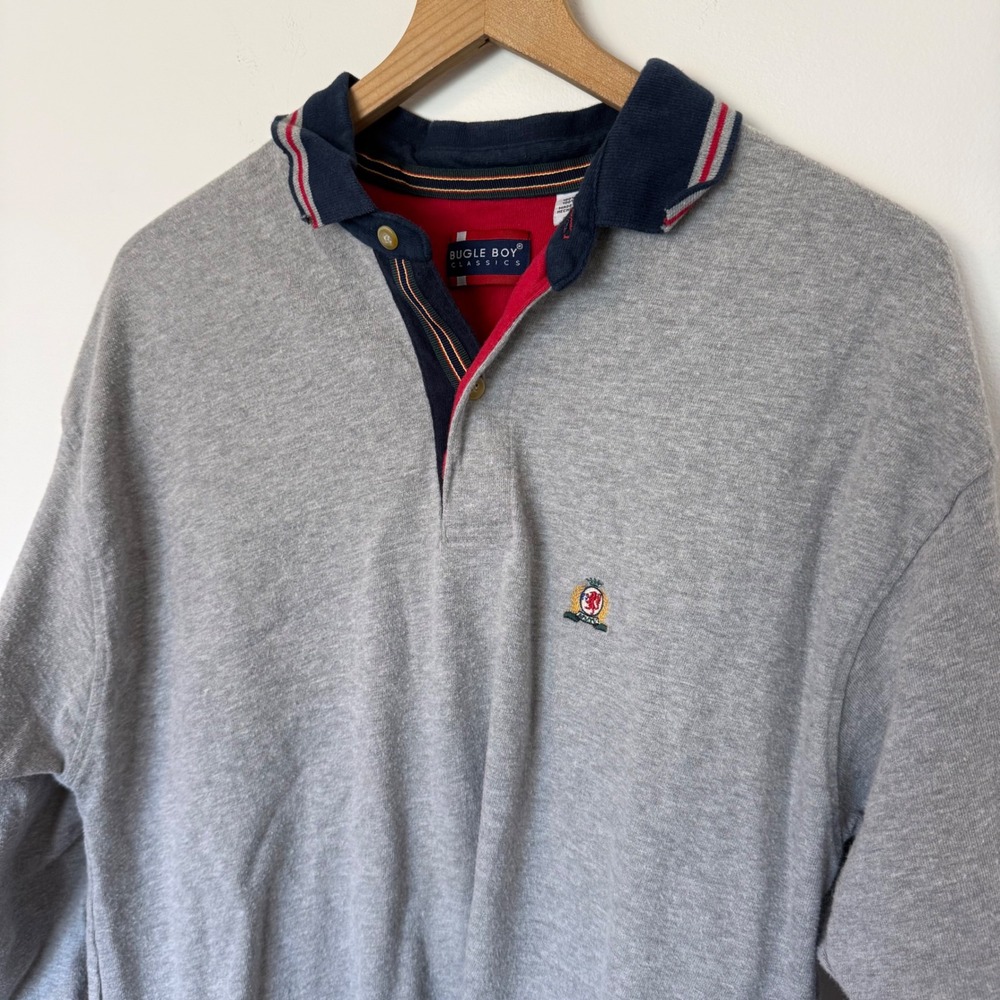 Bugle Boy Rugby Polo Shirt‎ Mens XL Gray Vintage 90s Preppy Collegiate Rugby Dad